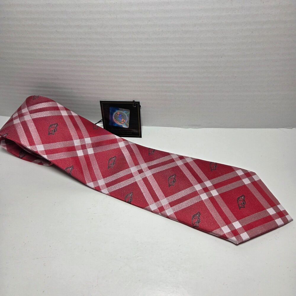 NWT Arkansas Razorbacks Rhodes Tie Plaid Cardinal Red Mens Necktie NCAA Licensed